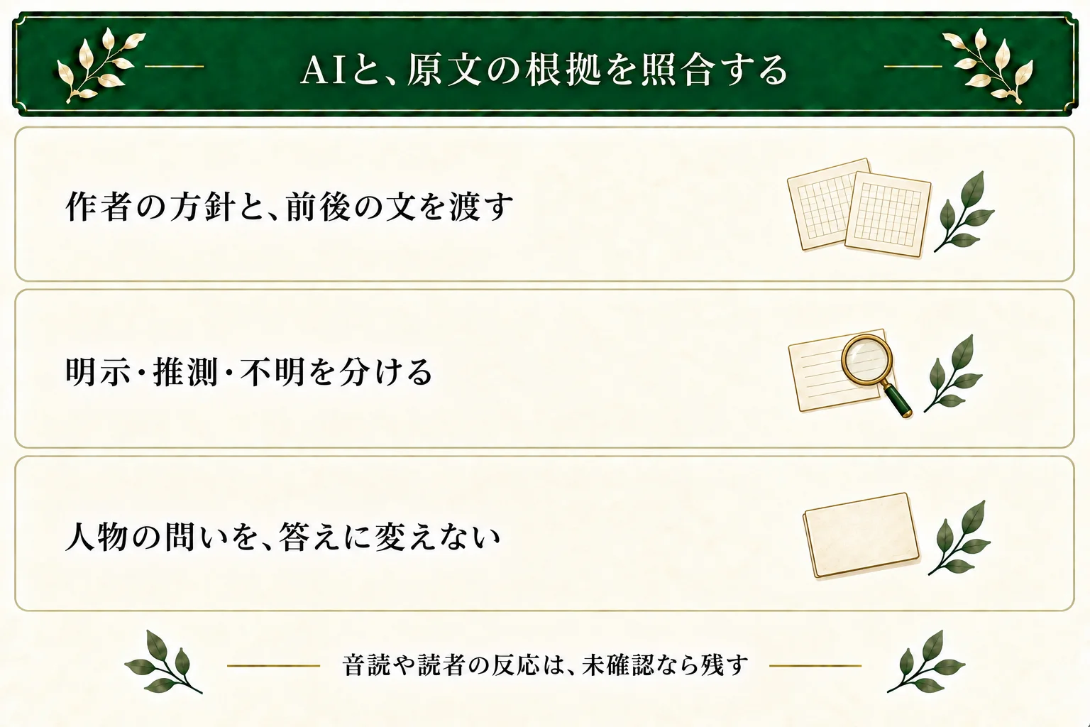 AIには作者の方針と前後の文を渡し、本文の明示・推測・不明を語句に対応させる。内面の疑問を確定した答えへ変えず、読者反応や音読を未実施のまま区別する。