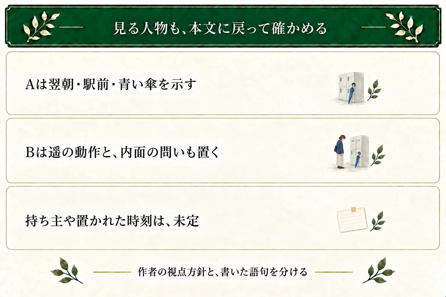 青い傘の入口Aは翌朝・駅前・傘を示すが、見る人物は明記しない。Bには遥の動作と内面の問いがあり、作者の視点方針と対応させる。持ち主と置かれた時刻は未定。