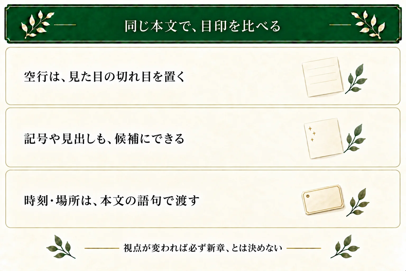 本文を同じにして空行版と記号版を比較する。空行・記号・見出しは切れ目、時刻や場所は本文で示す。視点変更を必ず新章にする規則にはしない。