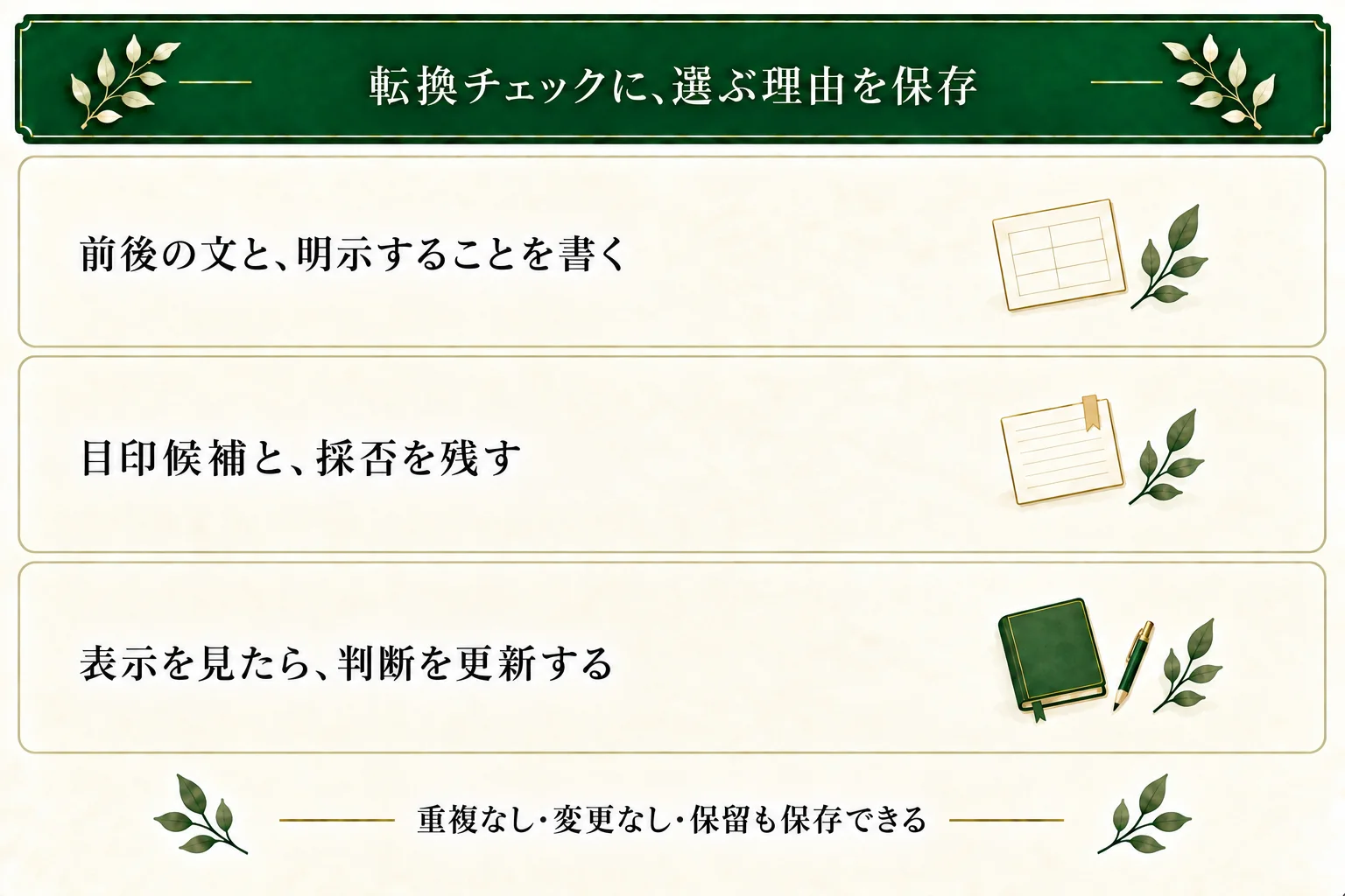 場面転換チェックに前後の本文、明示する情報、目印候補、採否理由を保存する。表示や音読は未確認でもよく、重複なし・変更なし・保留も残せる。