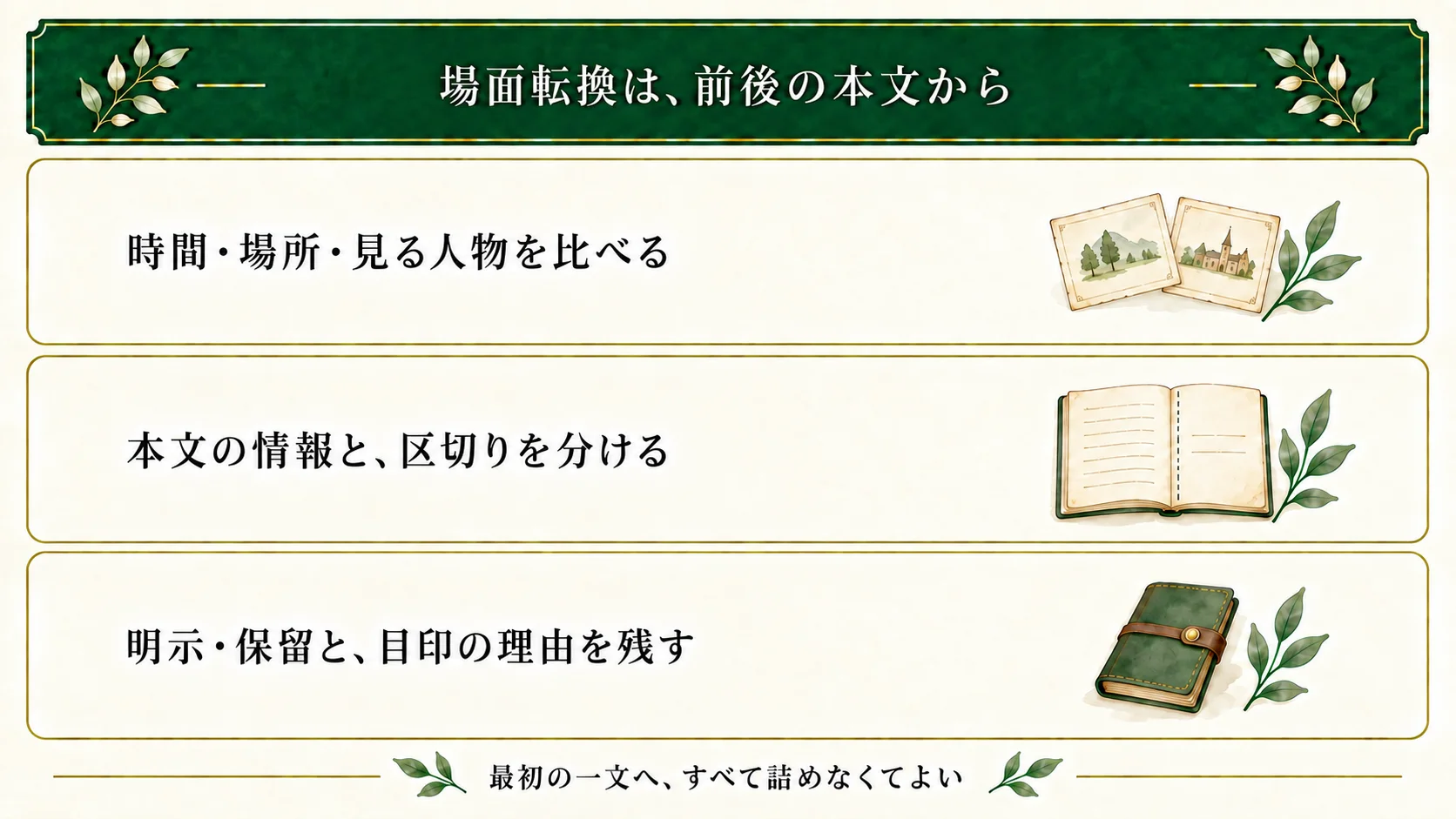 場面転換は前後の本文から時間・場所・知覚する人物を比べる。本文で伝える情報と空行や記号の区切りを分け、明示・保留・目印の理由を残す。
