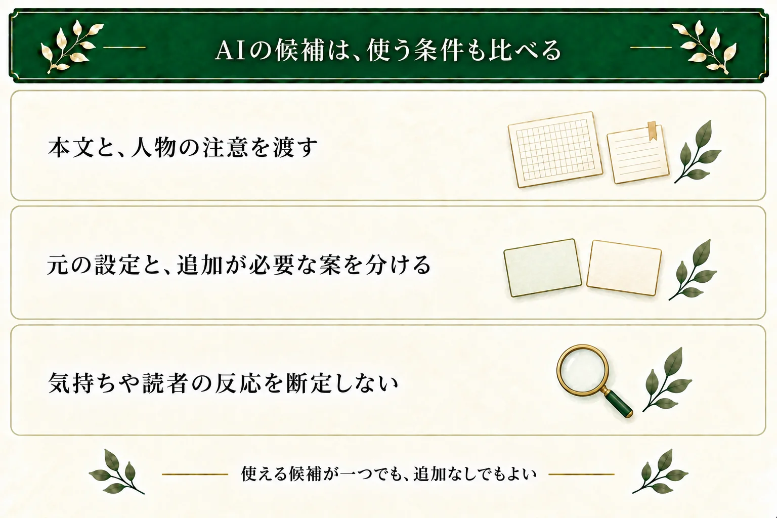 AIへ本文と人物の注意、知覚できる物を渡し、元の設定で使える案と追加設定が必要な案を分ける。感情や読者反応は断定せず、一案だけや追加なしも選ぶ。
