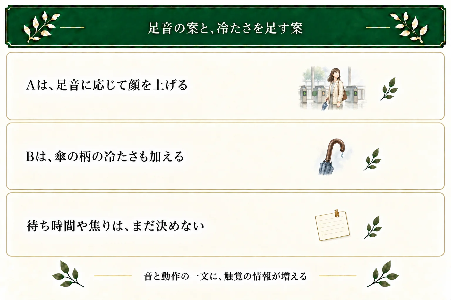 Aでは結菜が足音に応じて顔を上げ、Bでは濡れた傘の柄の冷たさが追加される。待ち時間、握る強さ、焦り、姉の到着はまだ書いていない。