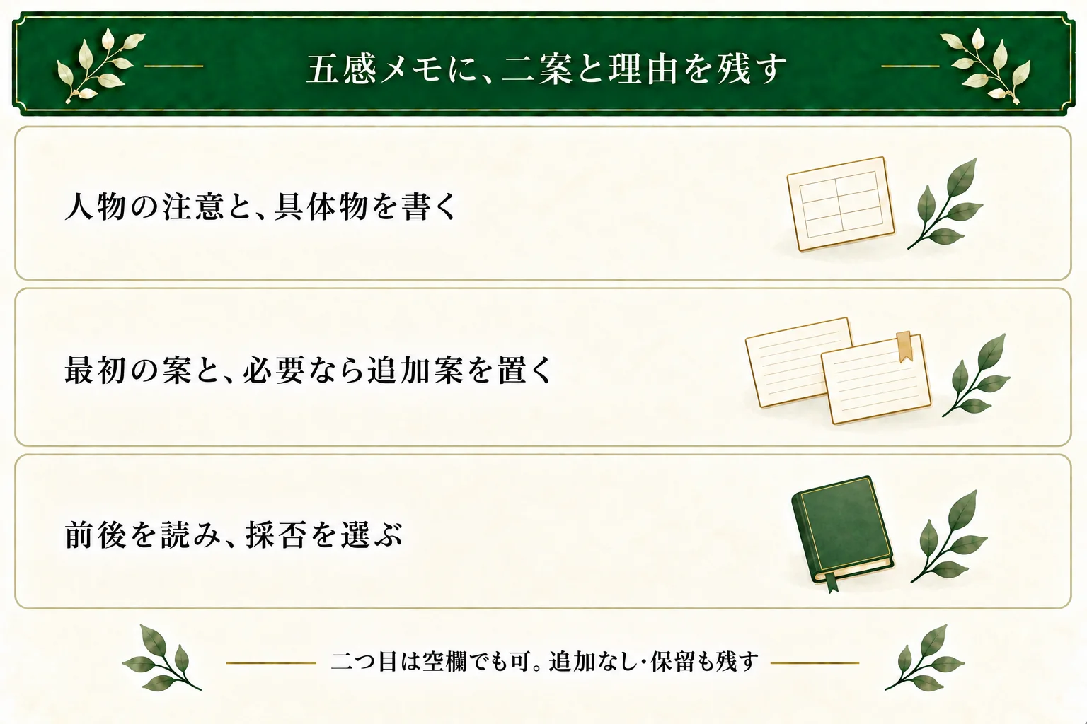 五感描写メモは人物の注意と具体物、最初の本文案、必要なら追加案を保存する。二つ目を空欄にでき、追加なし・保留も残せる。
