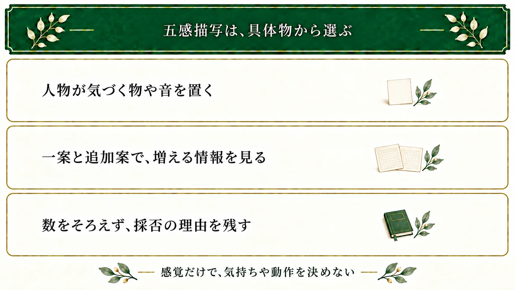 五感描写は人物が気づく具体物と感覚を選び、一案と追加案で増える情報を比較する。感覚数を必須にせず、採用・追加なし・保留の理由を残す。