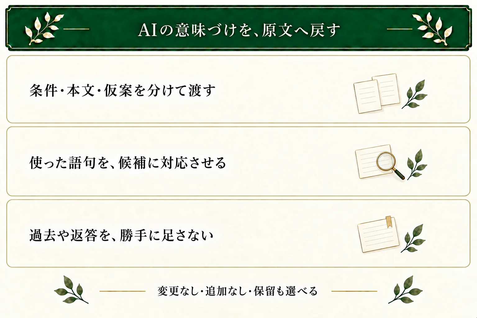 AIには舞台の条件、本文、比較用の仮案を分けて渡す。解釈を入力語句に対応させ、過去や返答の追加を避け、作者が採否を選ぶ。
