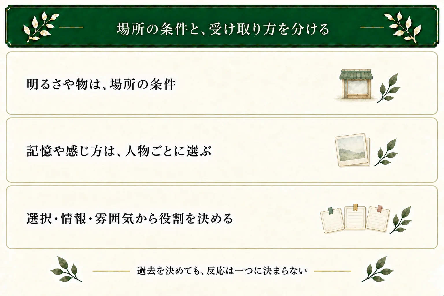 場所の明るさや物と、人物の記憶や受け取り方を分ける。過去だけで反応を固定せず、選択・情報・雰囲気から今回の役割を選ぶ。