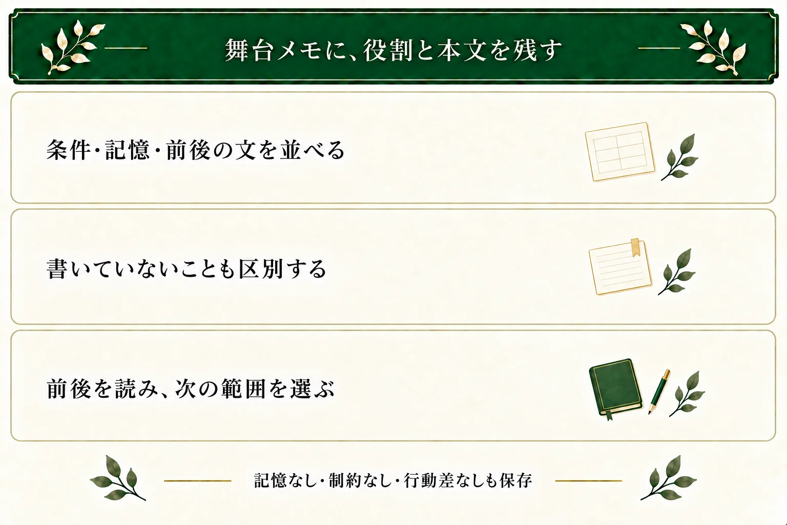 舞台影響メモに場所の役割、条件、記憶、前後の本文、採否と次の範囲を残す。記憶なし・制約なし・行動差なしや、本文未定でも保存できる。