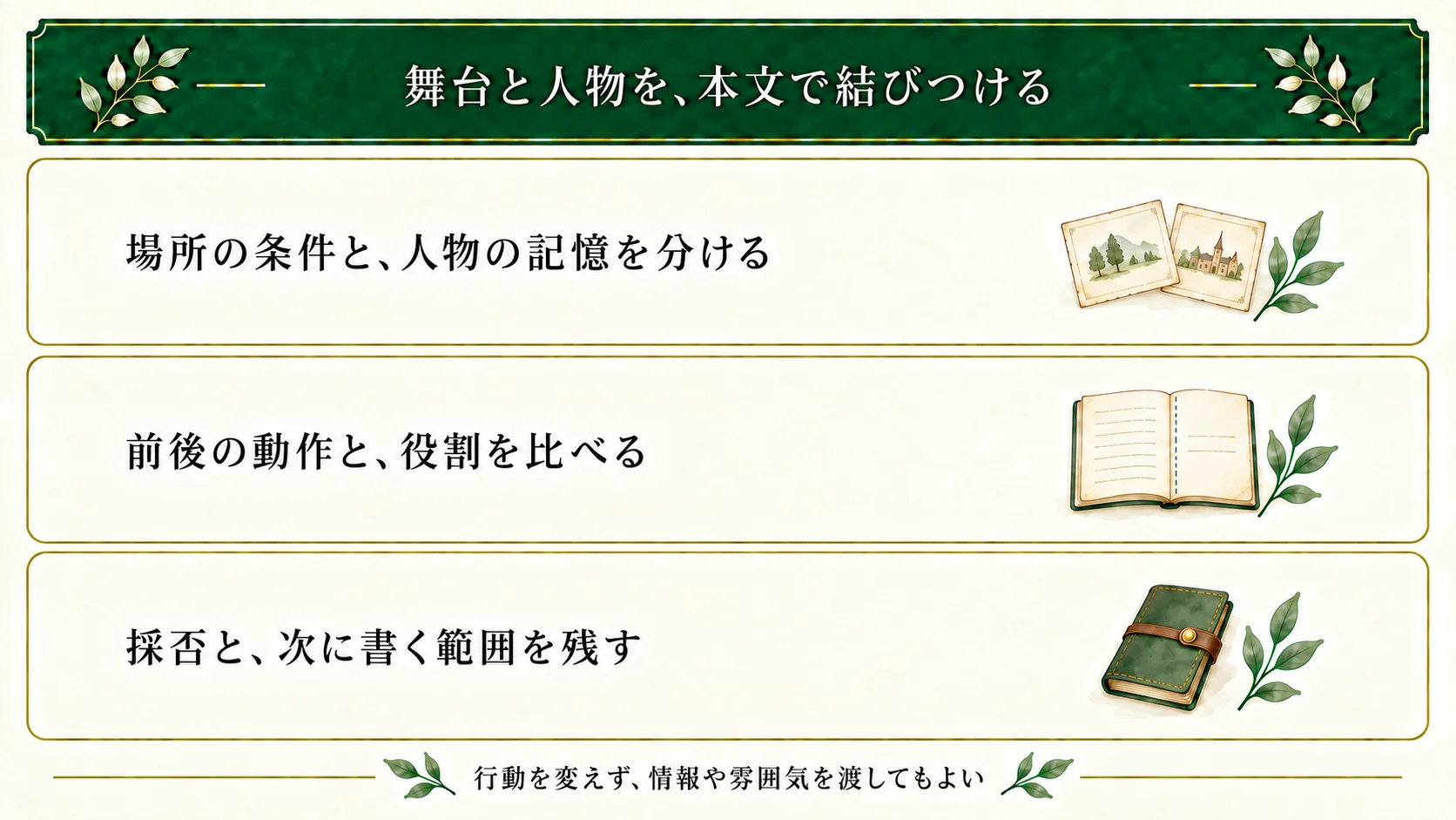 舞台を人物へ結びつけるには、場所の条件と記憶を分け、前後の動作と役割を本文で比べる。行動差がない案も、採否と次の範囲を保存できる。