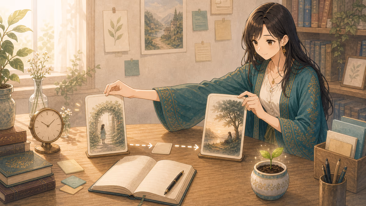 コトハが短編の始まりと終わりのカードを近くに並べているアトリエの挿絵
