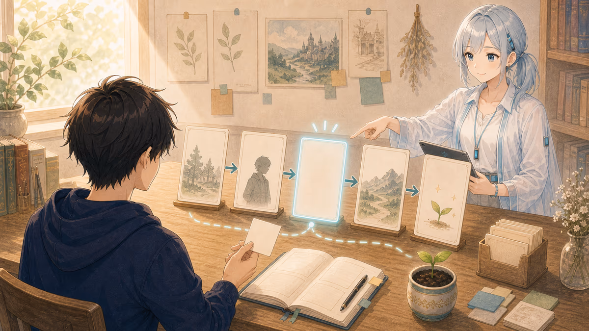 ミラが五つのステップカードのうち一つの空欄を示しているアトリエの挿絵