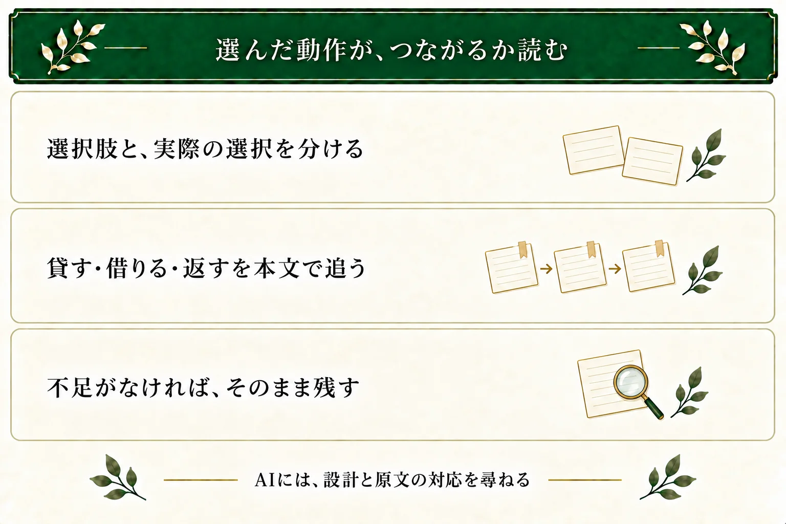 選択肢を挙げただけの設計と、実際に選んだ動作を分ける。予備傘の受渡しと時間を本文で追い、不足がなければ修正を作らず残す。