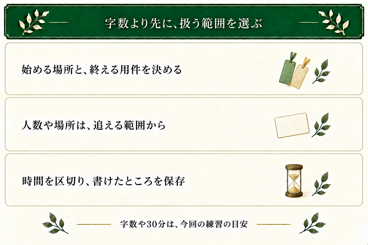始点と終える用件を選び、人数や場所は追える範囲にする。400〜2000字や30分は練習の目安で、短編の定義や完成条件にしない。