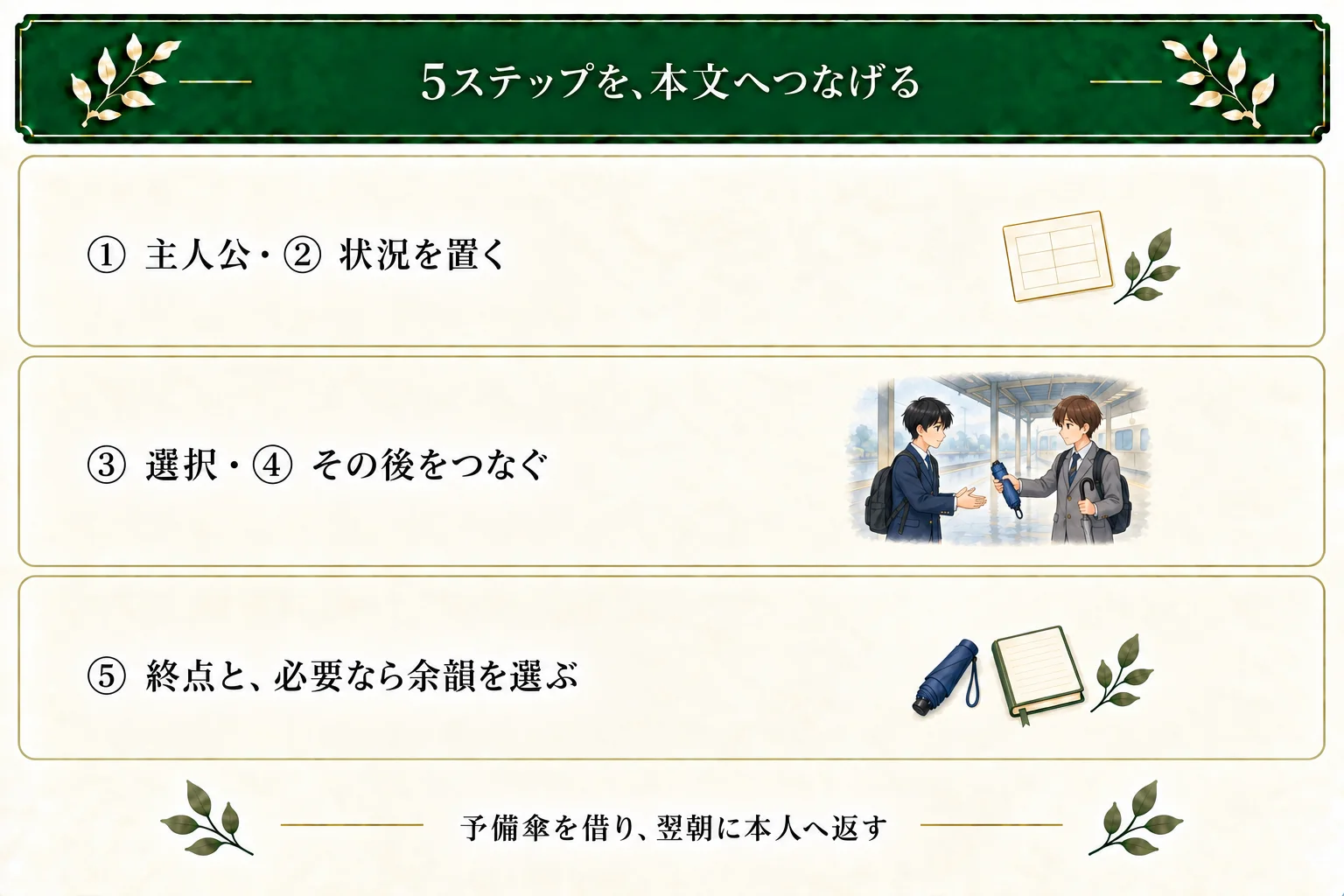 青い予備傘の411字の本文で、主人公と状況、借りる選択とその後、返却の終点と最後の青空を対応させる。律と圭は別々の傘で帰る。