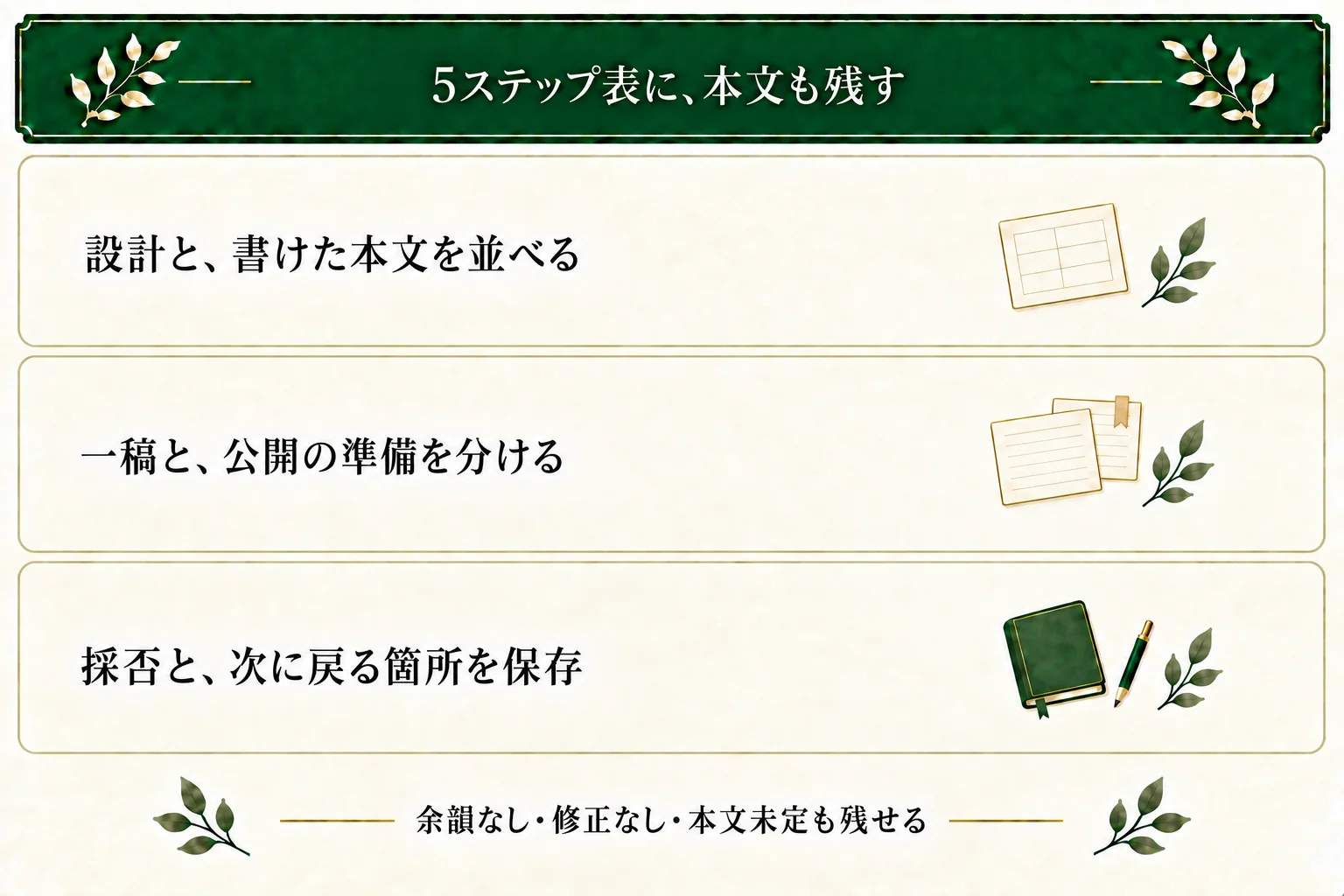 短編5ステップ表に設計と現在の本文を保存する。一稿と公開準備を分け、採否と次に戻る箇所を残す。余韻なし・修正なし・本文未定でも保存できる。