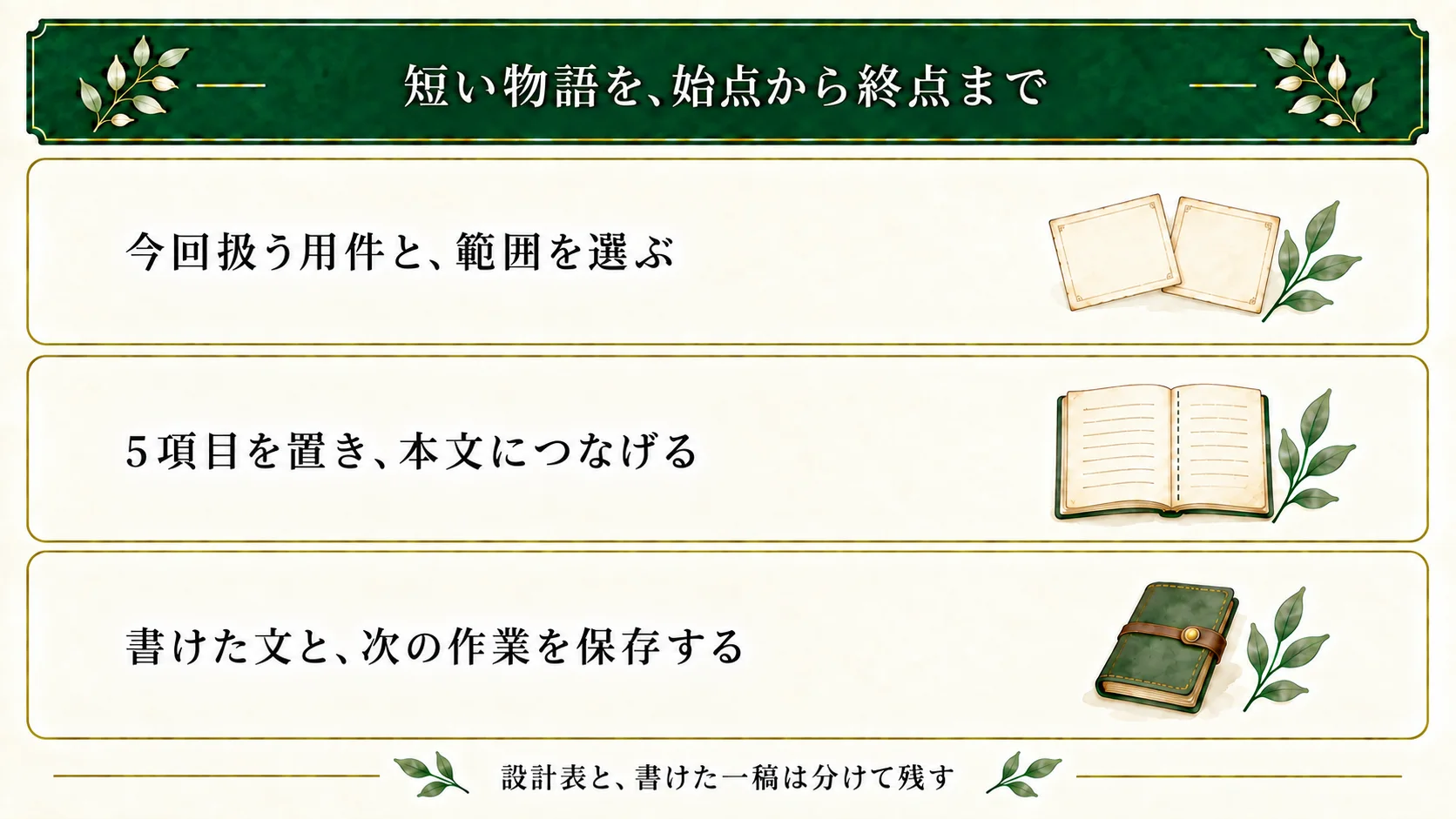 短い物語は始点と終点を選び、主人公・状況・選択・変化・終点の5項目を本文につなげる。設計表と書けた一稿を分け、次の作業まで保存する。
