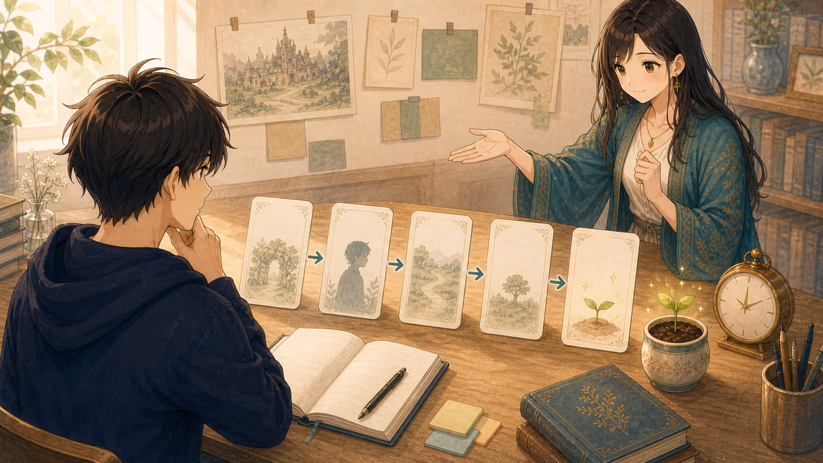 短い物語の作り方の内容をイメージした創作アトリエの挿絵