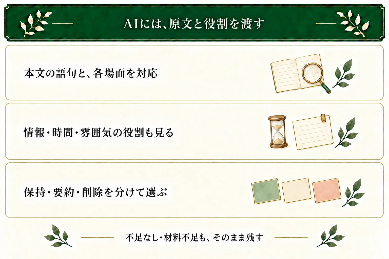 AIには本文と構成案を渡して、各場面の役割を元の語句に対応させる。情報・時間経過・雰囲気も見て、保持・要約・削除を分ける。不足がなければ修正を作らない。