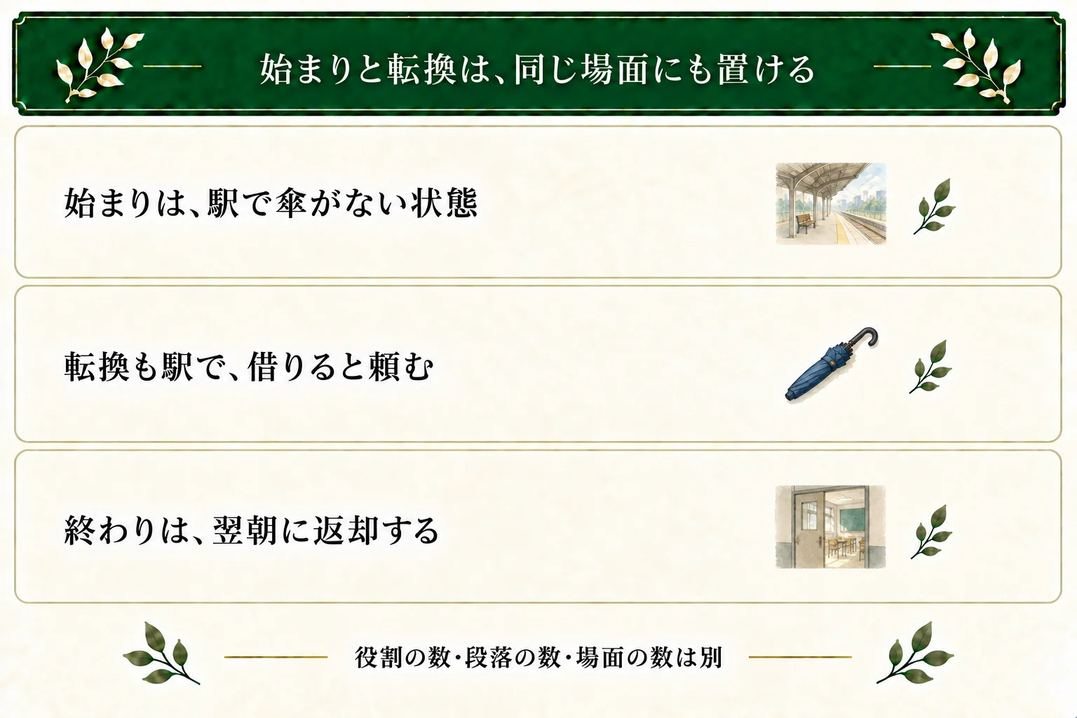 青い予備傘では始まりと借りる転換が同じ駅にあり、返却の終わりは翌朝の教室にある。役割・段落・場面の数を同じ数として扱わない。