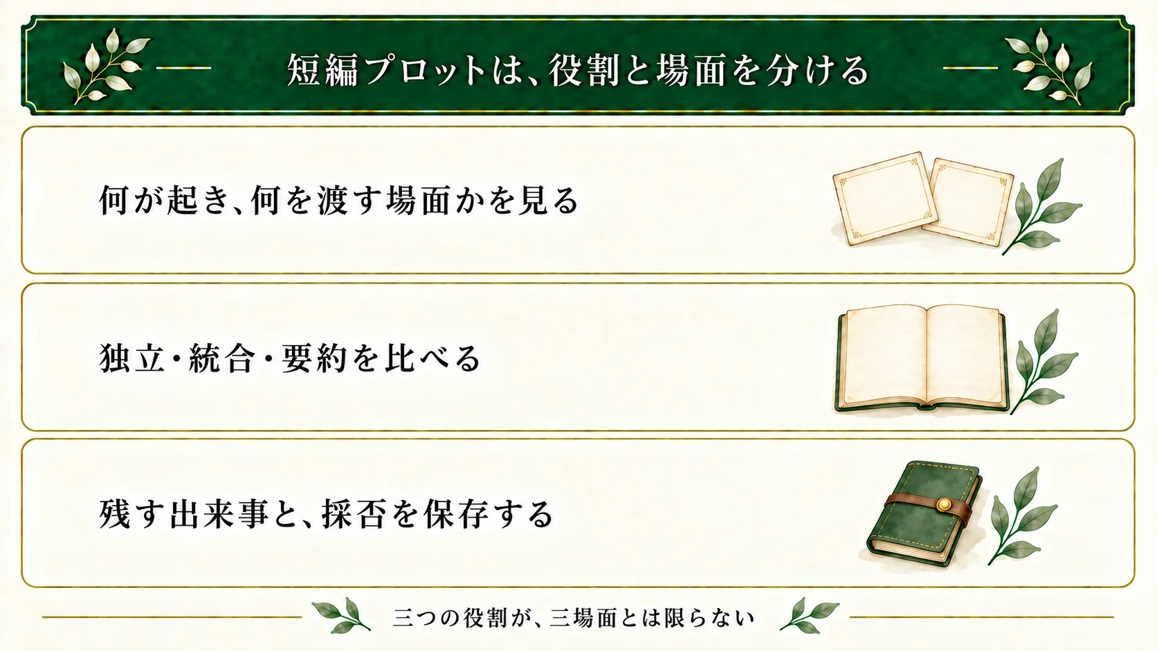 短編プロットは出来事の役割と場面の境目を分ける。独立・統合・要約を比べ、残す出来事と採否を保存する。始まり・転換・終わりが必ず三場面になるわけではない。