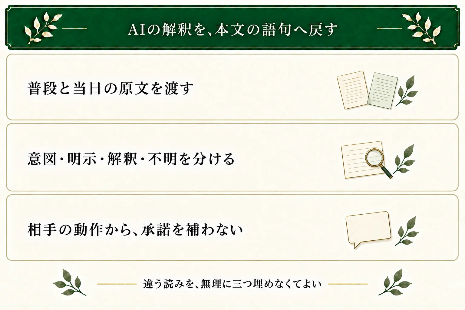 AIへ原文と作者の狙いを渡し、明示された内面・解釈候補・不明を分ける。相手が紙を見た動作だけで理解や承諾を確定せず、根拠のない読みを増やさない。