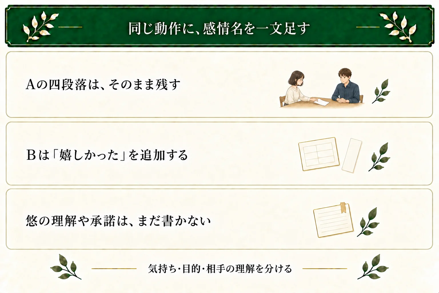 BはAの四段落を変えず、千花が嬉しかったという一文だけを加える。紙を差し出す目的や、悠が理解・承諾したことまでは書かない。