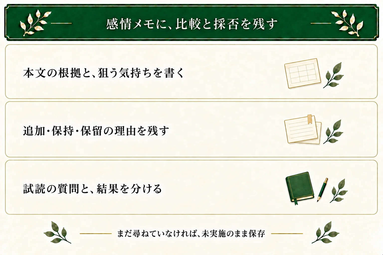感情アクション表に本文の根拠、作者の狙い、感情名の追加・保持・保留と理由を残す。試読で尋ねる質問と実際に得た結果は分け、未実施でも保存できる。