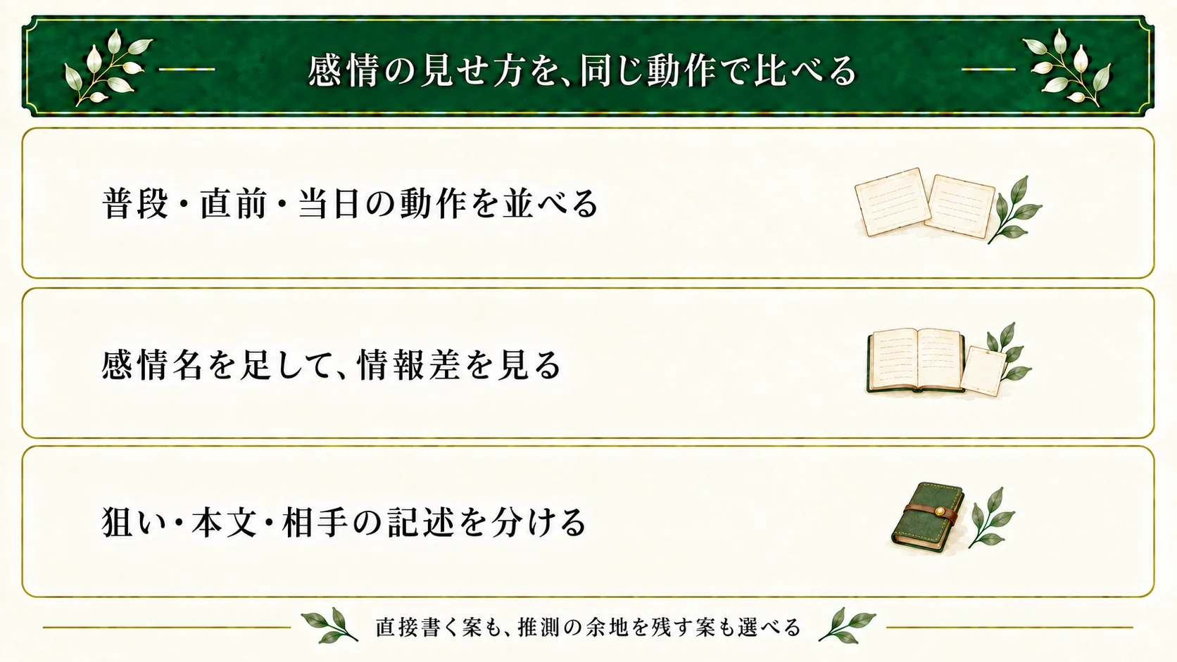 感情を行動で見せる一つの方法として普段と当日の違いを並べる。同じ動作に感情名を足す案を比較し、作者の狙い、本文で明示した内面、相手の記述を分ける。