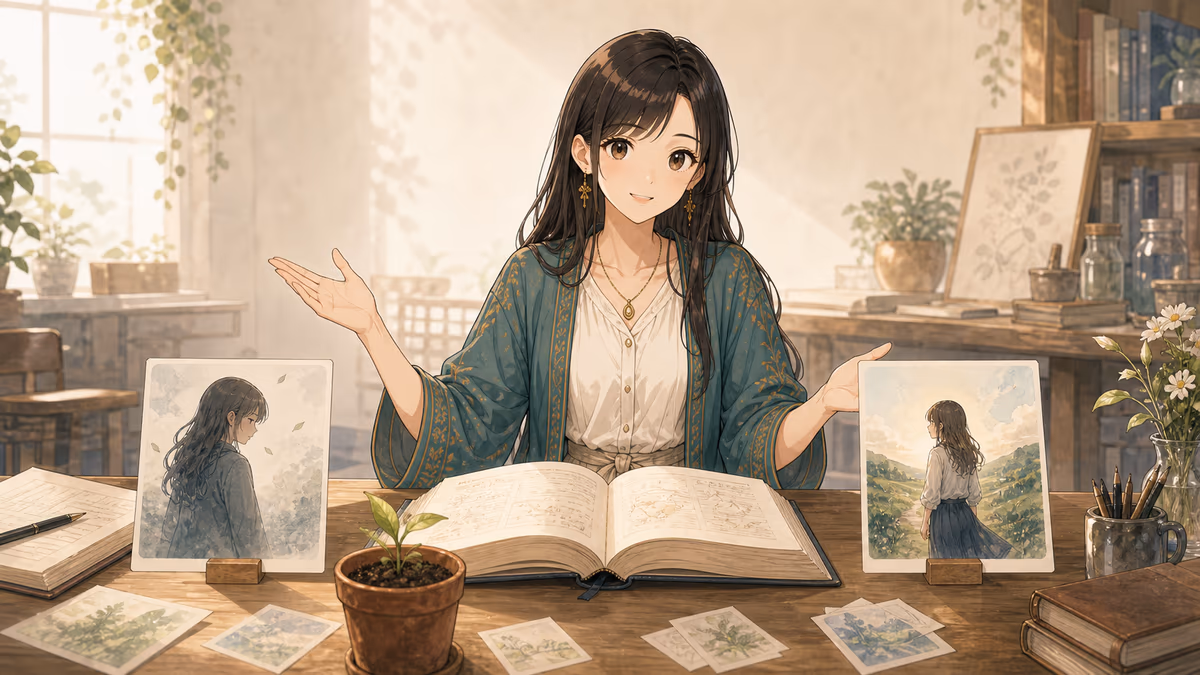 コトハが開いた本と芽の鉢を前に主人公の変化を説明しているアトリエの挿絵