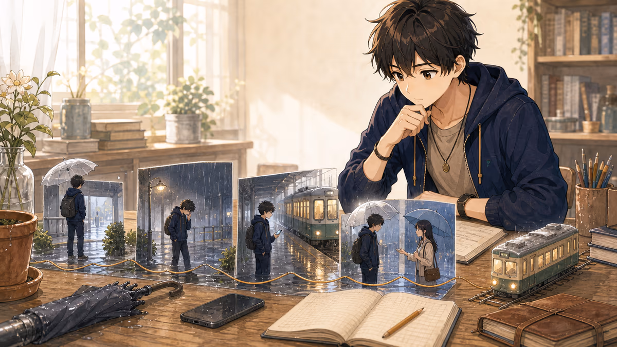 ソウマが雨の日の帰り道の小さな模型を見ながら物語の変化を考えているアトリエの挿絵