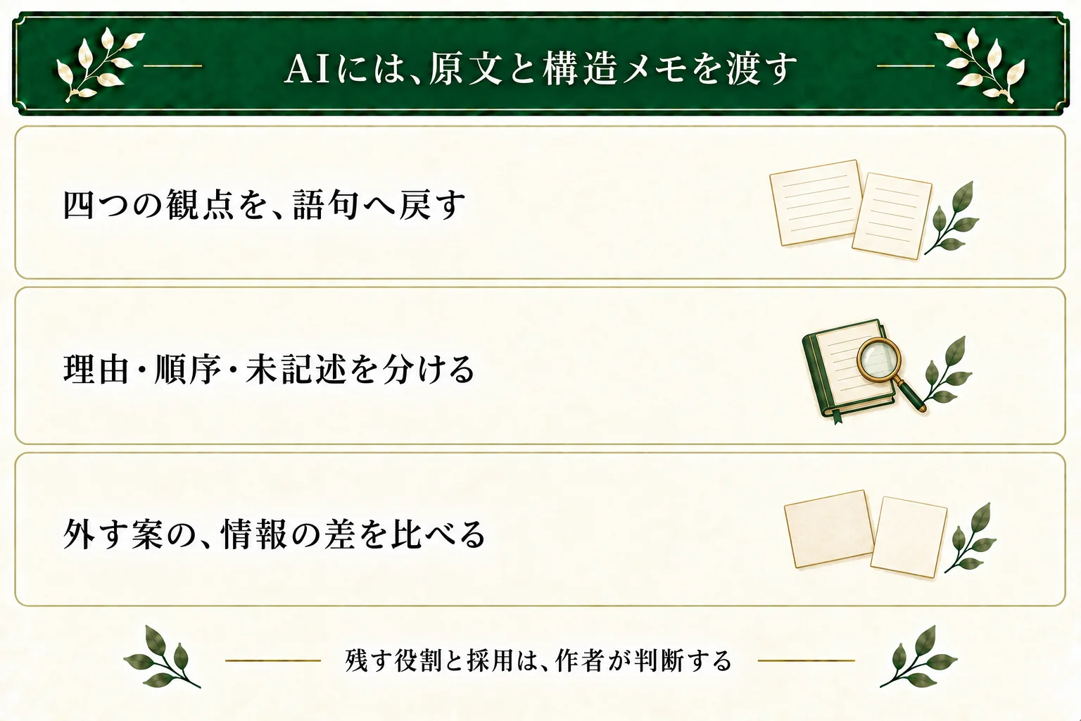 AIは原文と構造メモを照合し、理由・前後の順序・解釈・未記述を分ける。削る案の情報差を比べ、役割と採否は作者が判断する。