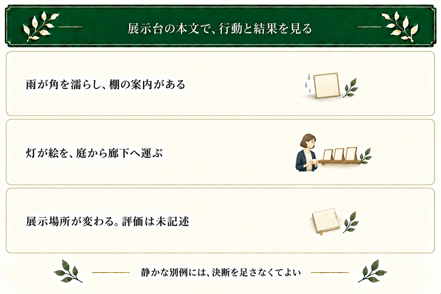 雨の展示台では、雨と棚の案内のあと灯が三枚の絵を廊下へ移す。展示場所は変わるが、来場者の評価や人格成長はまだ書かない。静かな観察の別例も比較する。