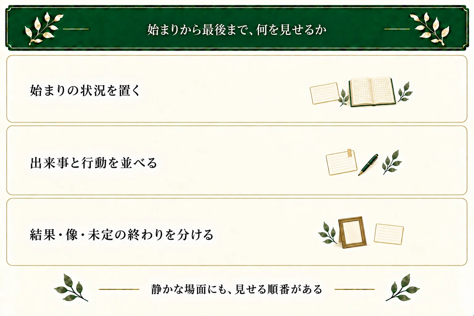 始まり、出来事、選択や行動、結果や終わりを整理する。大きな変化がない場面では、観察や情報を見せる順番を確かめる。