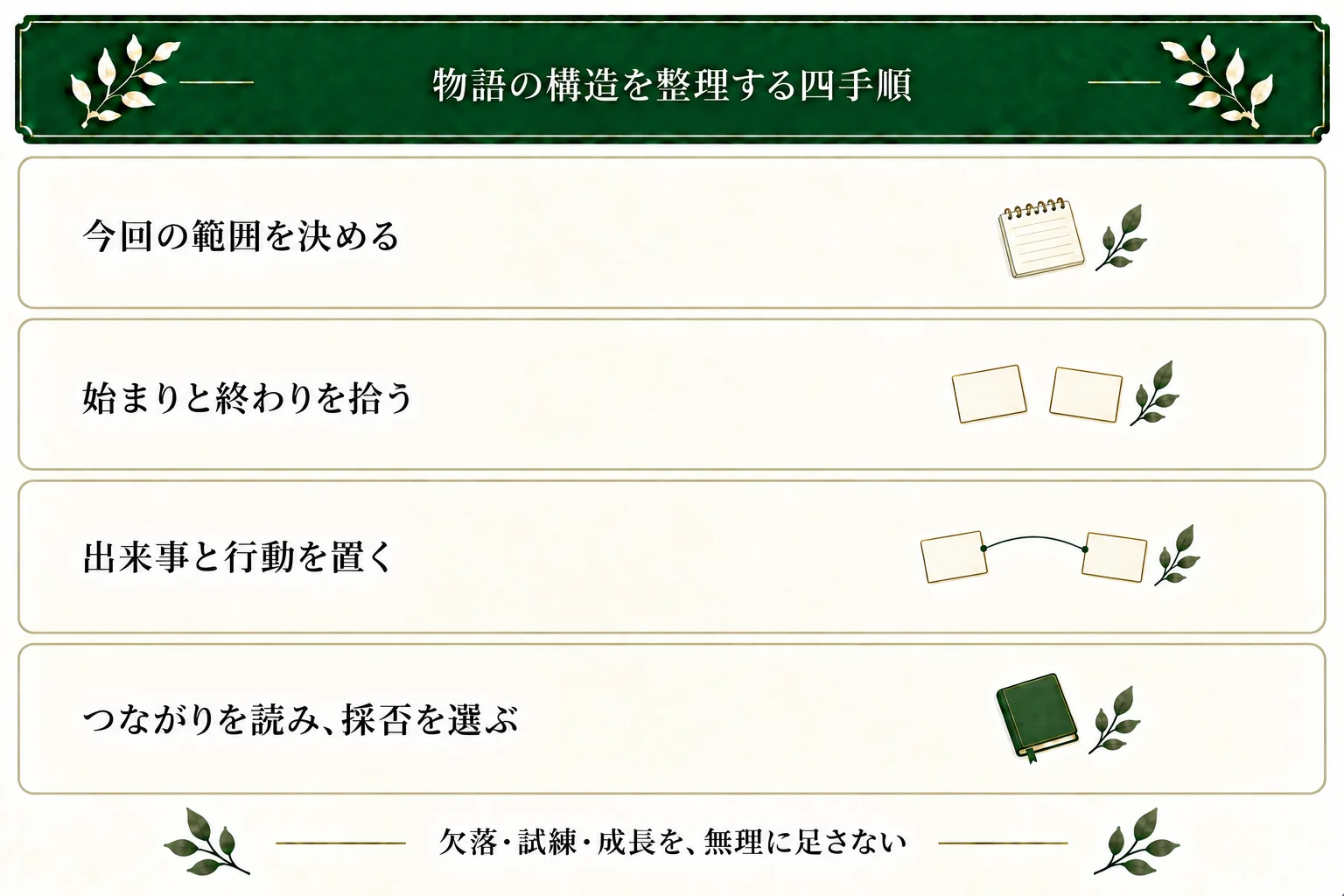 読む範囲を決め、始まりと終わり、途中の出来事と行動を拾い、つながりを確認して保持・試す・保留を選ぶ。