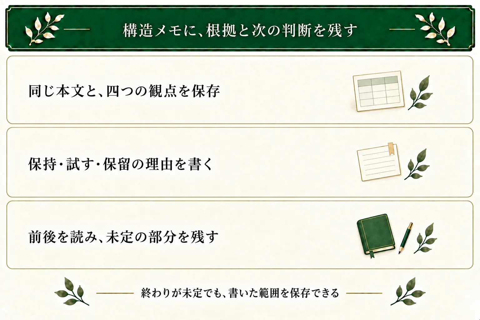 基本構造メモへ基準の本文と四つの観点、根拠と未定の点、保持・試す・保留の理由を残し、次に読む範囲へ戻る。