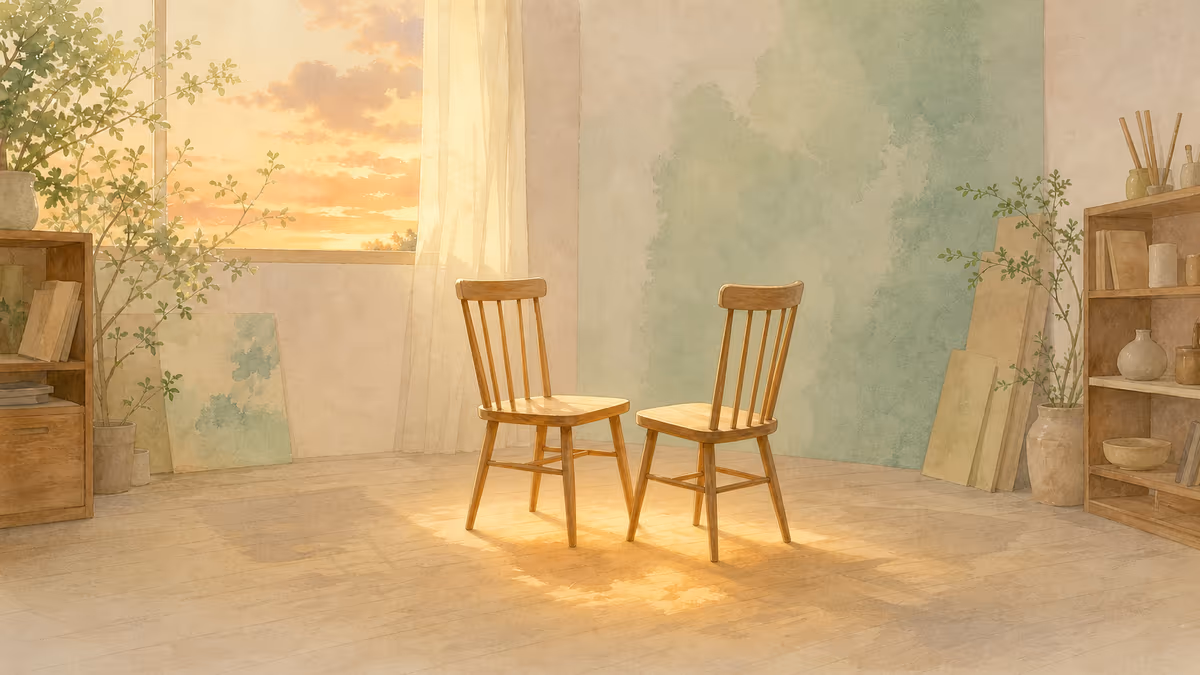 夕方のアトリエで、近づいた二脚の椅子が静かな結末の余韻を示すイラスト