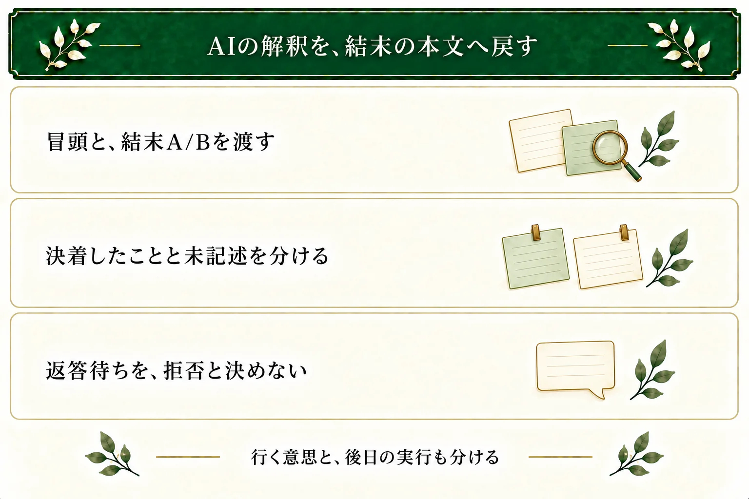 AIへ冒頭とA/Bの本文を渡し、根拠のある決着と未記述を分ける。返答待ちを拒否にせず、行く意思と後日の実行、和解を区別する。