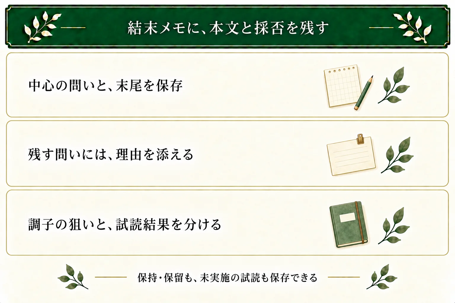結末設計メモに中心の問い、冒頭と末尾、閉じたことと意図して残すこと、採否の理由を残す。作者が狙う文章の調子と、実際の試読結果を区別する。
