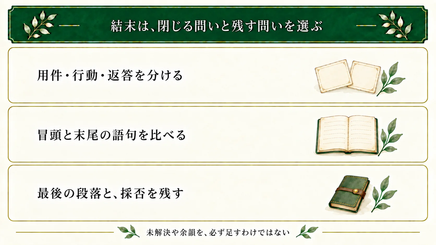 結末では用件の決着、人物の行動、相手の返事を分け、冒頭と最後の本文を比べる。閉じる問いと残す問い、最後の段落と採否を保存する。