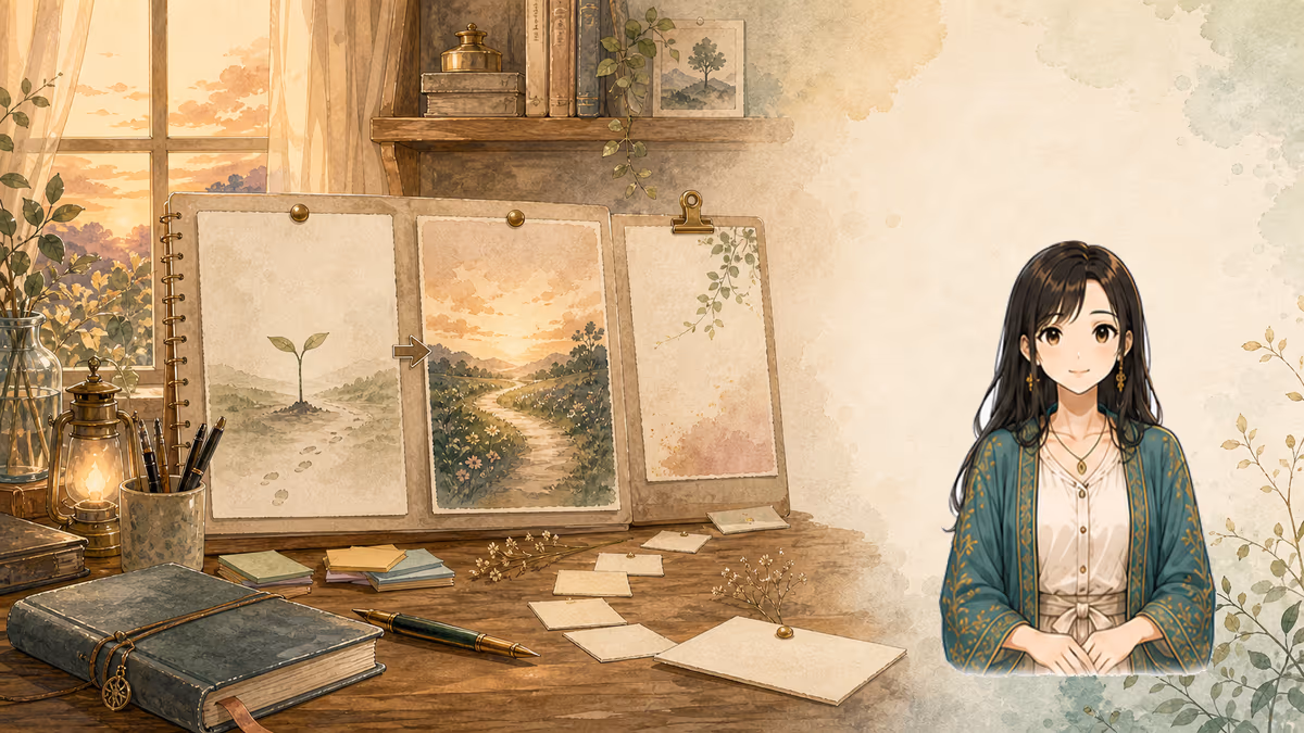 物語の結末の作り方の内容をイメージした創作アトリエの挿絵