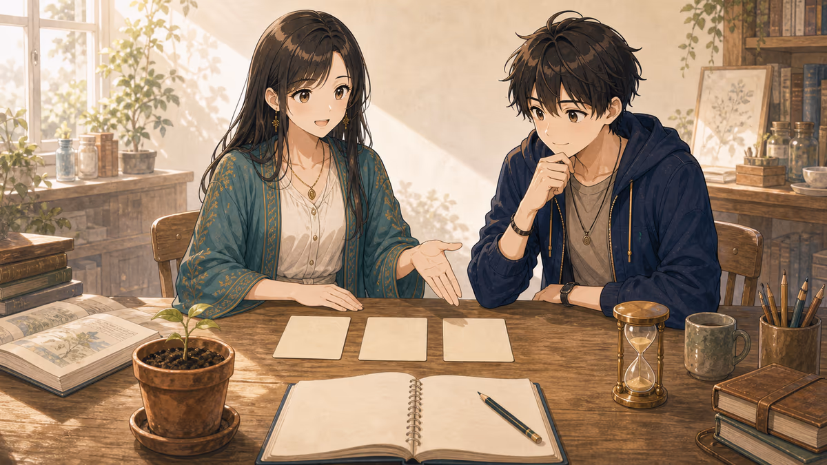 コトハが白紙ノートと三つのカードを示して最初のメモ作りを案内しているアトリエの挿絵