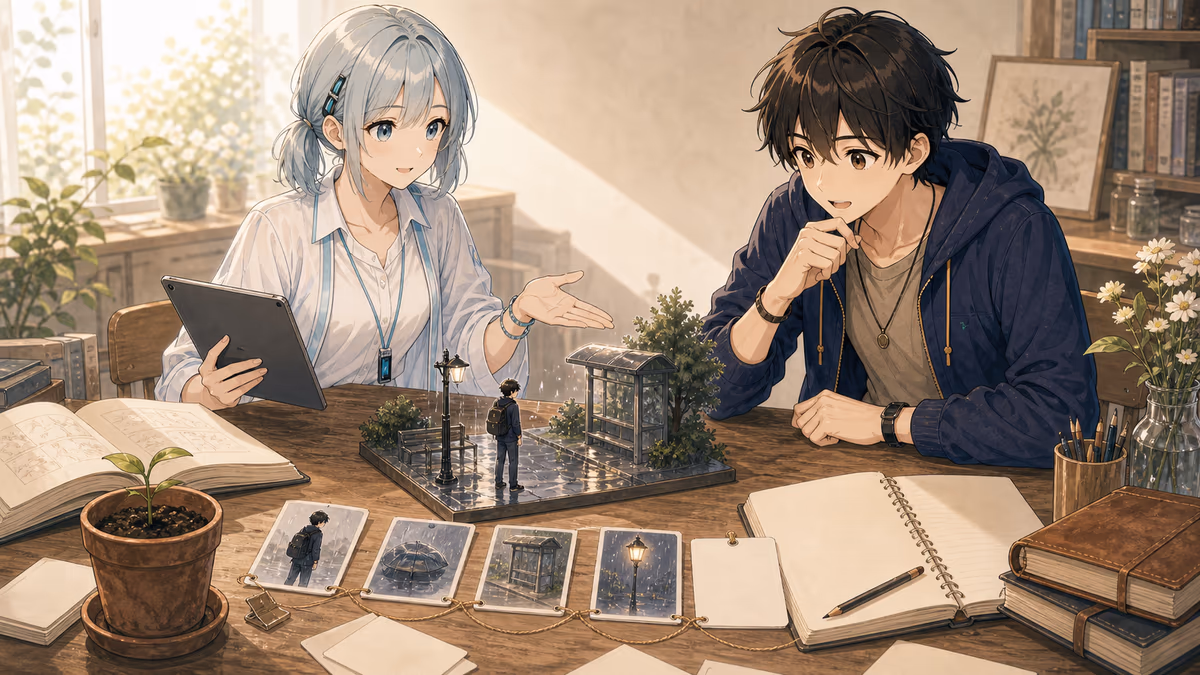 ミラが机上の小さな困りごと模型を示しソウマが物語の入口に気づくアトリエの挿絵