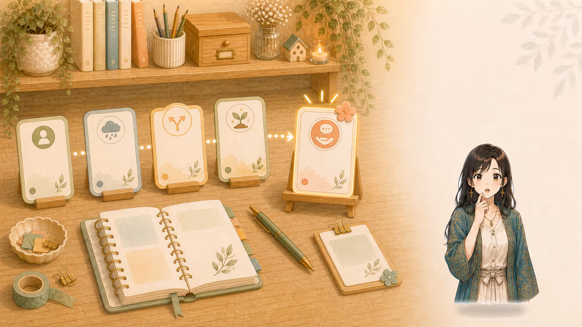 コトハが主人公の変化を説明ではなく最後の小さな行動カードで決める創作アトリエの挿絵