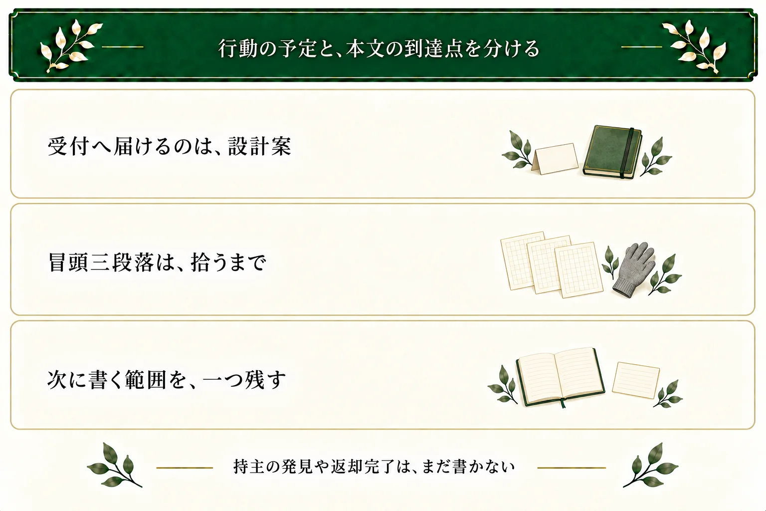 三項目のメモでは受付へ届ける案を置く。実際の冒頭三段落は手袋を拾うまでで、設計案にあることを本文で完了した扱いにせず次の範囲を残す。