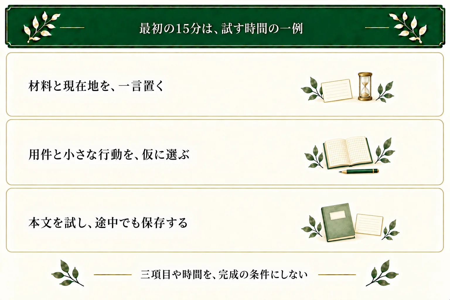 15分で試す配分は一例。材料・現在地、用件や行動の案、試し書きへ進み、三項目や制限時間を完成条件にせず途中でも保存できる。