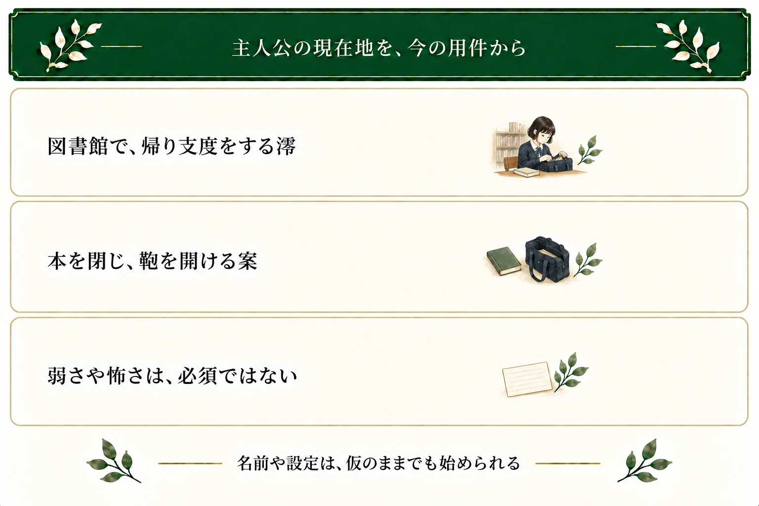 主人公の現在地を場所・動作・用件で置く。澪は14歳で図書館の帰り支度をする。弱さや怖さを追加せず、本を閉じ鞄を開くところから書ける。