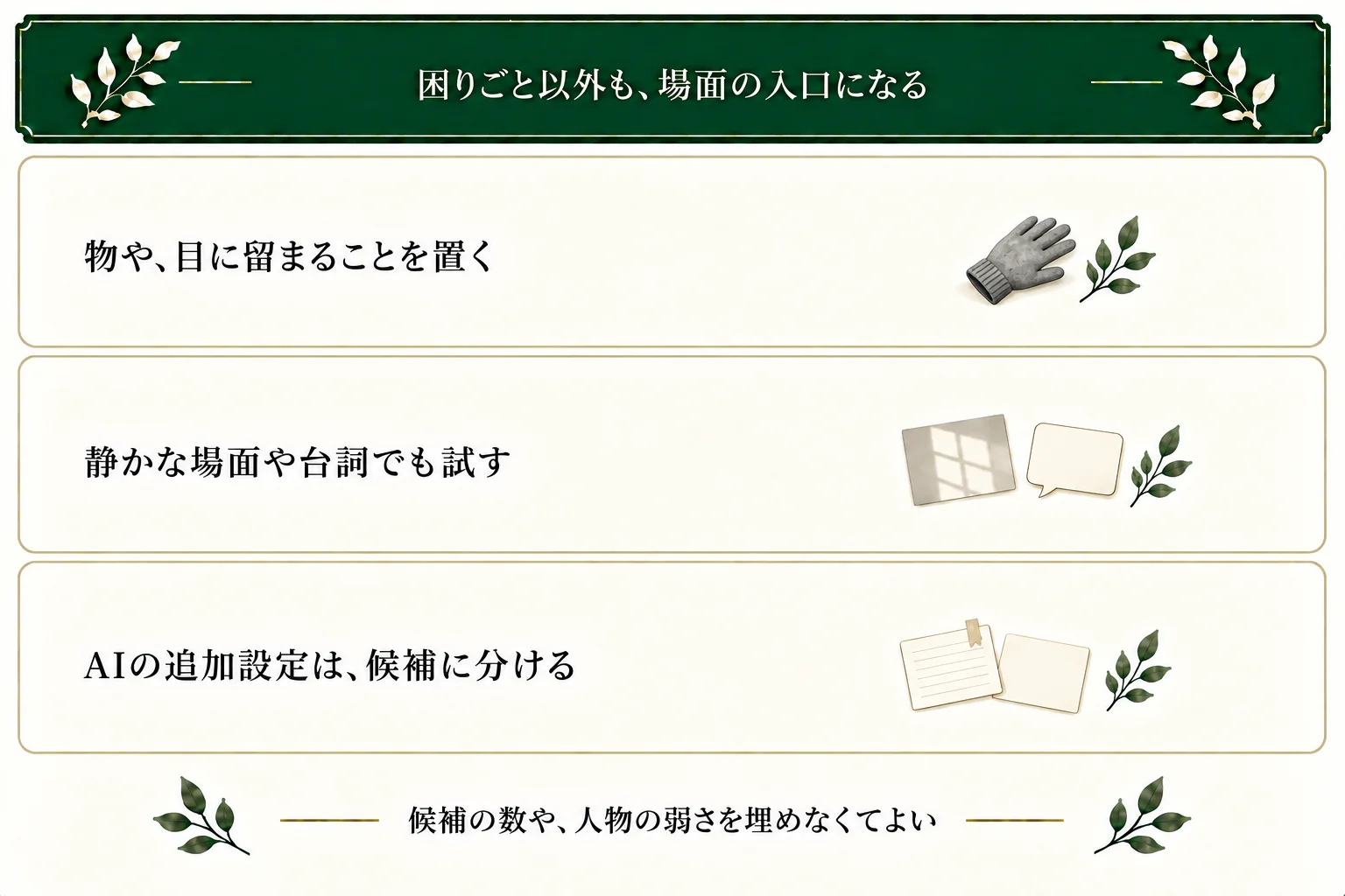 片方の手袋、静かな観察、一つの台詞も場面の入口になる。AIには材料を渡し、追加設定を元の本文と分け、候補の数や人物の弱さを強制しない。
