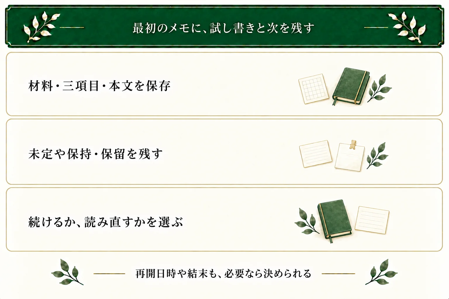 最初の3項目メモへ材料、仮の三項目、試し書き、次の範囲を保存する。不要な欄や再開日時は空欄でよく、未定・保持・保留の状態で続け方を選べる。