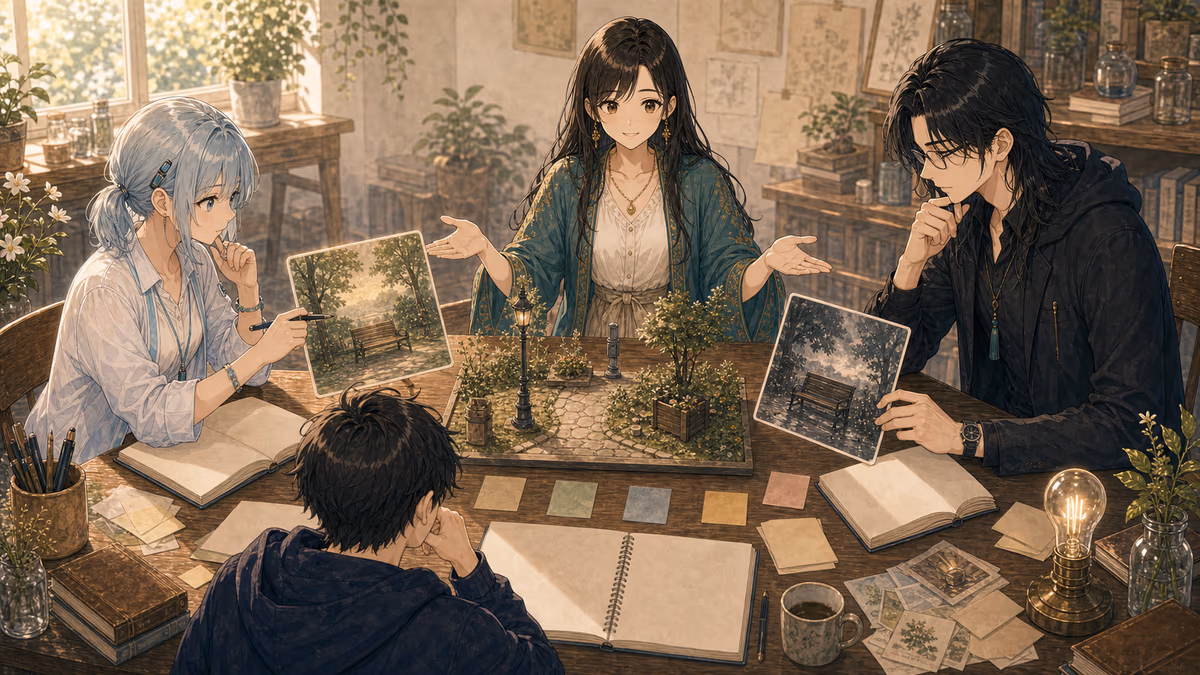 コトハが同じ机上模型を左右の違う視点から見る方法を示しているアトリエの挿絵