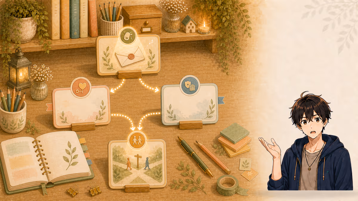 ソウマが同じ手紙からAとBの違う意味を作りすれ違い場面へつなげる創作アトリエの挿絵